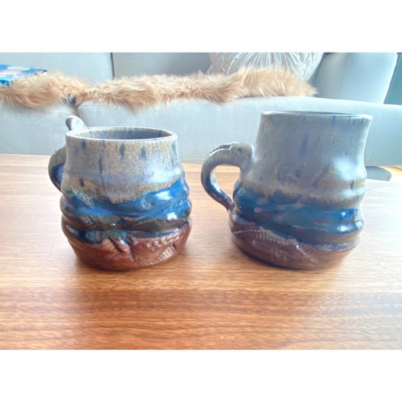 New Handmade Studio his/her Pottery mugs, signed, earth tones, blue, glazed - Picture 8 of 9